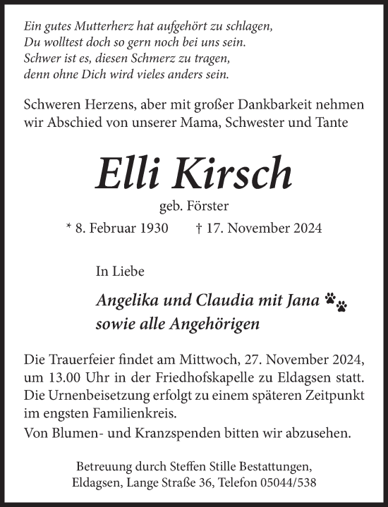 Traueranzeige von Elli Kirsch von Neue Deister-Zeitung