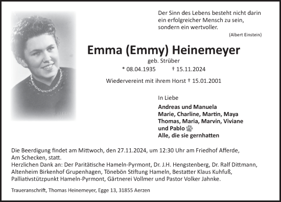 Traueranzeige von Emma Heinemeyer von Deister- und Weserzeitung