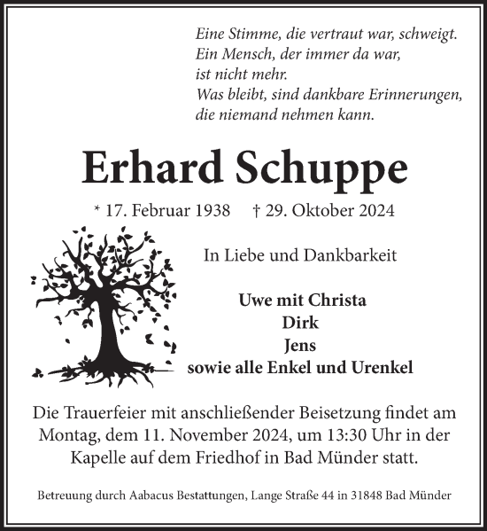 Traueranzeige von Erhard Schuppe von Neue Deister-Zeitung