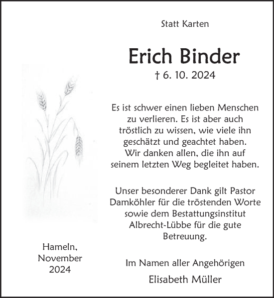 Traueranzeige von Erich Binder von Deister- und Weserzeitung