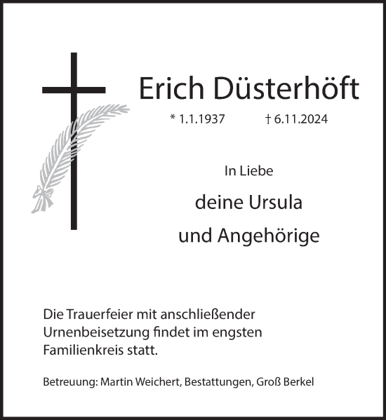 Traueranzeige von Erich Düsterhöft von Deister- und Weserzeitung