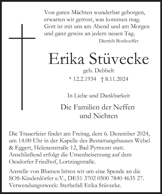 Traueranzeige von Erika Stüvecke von Deister- und Weserzeitung