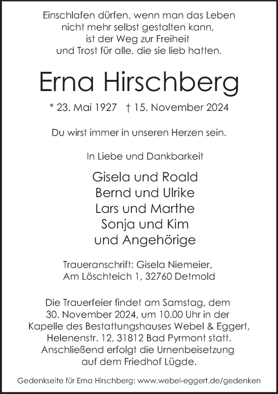 Traueranzeige von Erna Hirschberg von Deister- und Weserzeitung