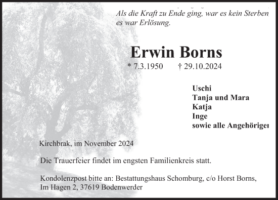 Traueranzeige von Erwin Borns von Deister- und Weserzeitung