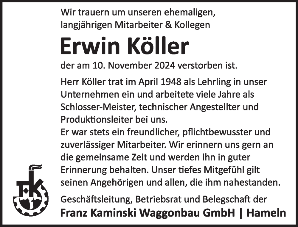  Traueranzeige für Erwin Köller vom 30.11.2024 aus Deister- und Weserzeitung