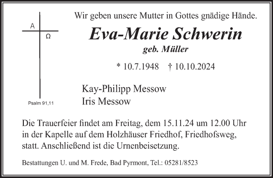 Traueranzeige von Eva-Marie Schwerin von Deister- und Weserzeitung