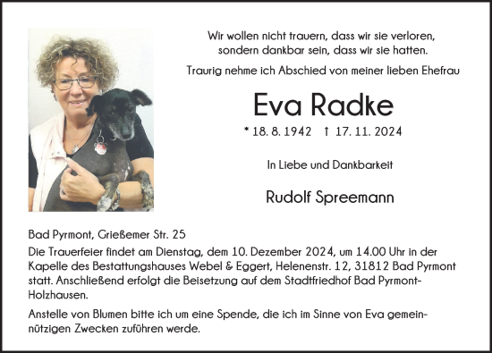 Traueranzeige von Eva Radke von Deister- und Weserzeitung