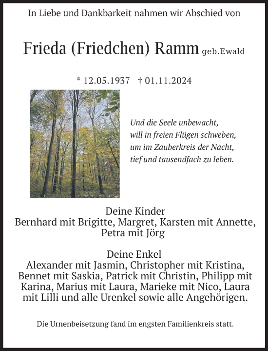 Traueranzeige von Frieda Ramm von Neue Deister-Zeitung