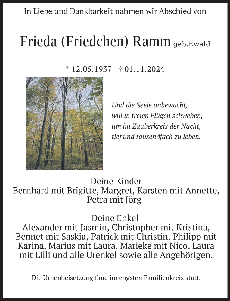  Traueranzeige für Frieda Ramm vom 07.12.2024 aus Neue Deister-Zeitung