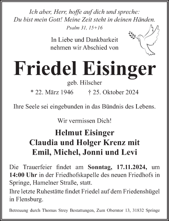 Traueranzeige von Friedel Eisinger von Neue Deister-Zeitung