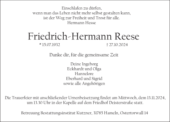 Traueranzeige von Friedrich-Hermann Reese von Deister- und Weserzeitung