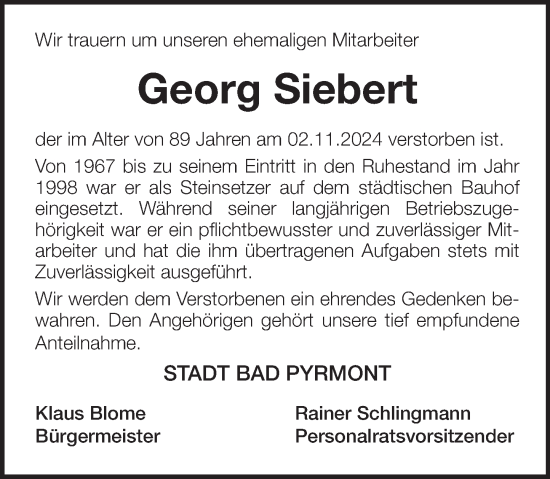 Traueranzeige von Georg Siebert von Deister- und Weserzeitung