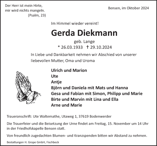 Traueranzeige von Gerda Diekmann von Deister- und Weserzeitung