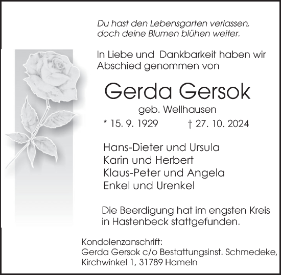 Traueranzeige von Gerda Gersok von Deister- und Weserzeitung