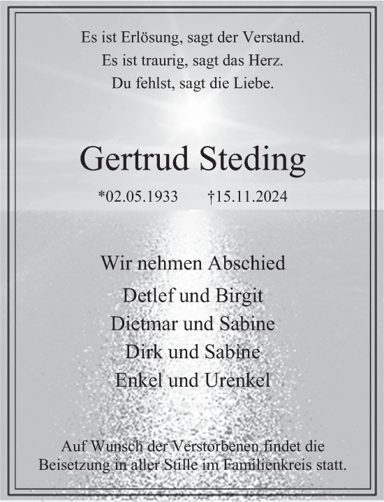 Traueranzeige von Gertrud Steding von Deister- und Weserzeitung