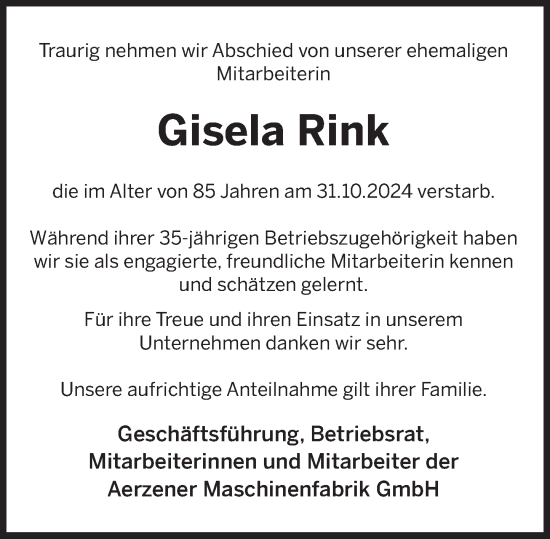 Traueranzeige von Gisela Rink von Deister- und Weserzeitung