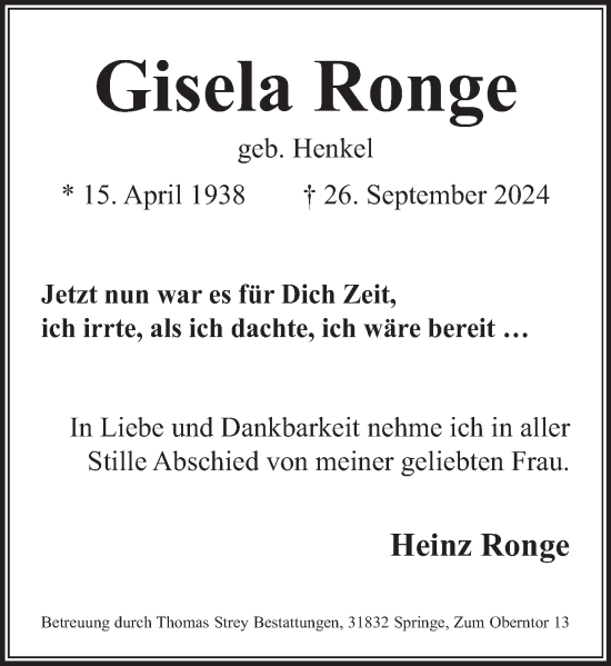 Traueranzeige von Gisela Ronge von Neue Deister-Zeitung