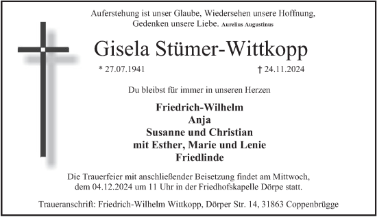 Traueranzeige von Gisela Stümer-Wittkopp von Deister- und Weserzeitung