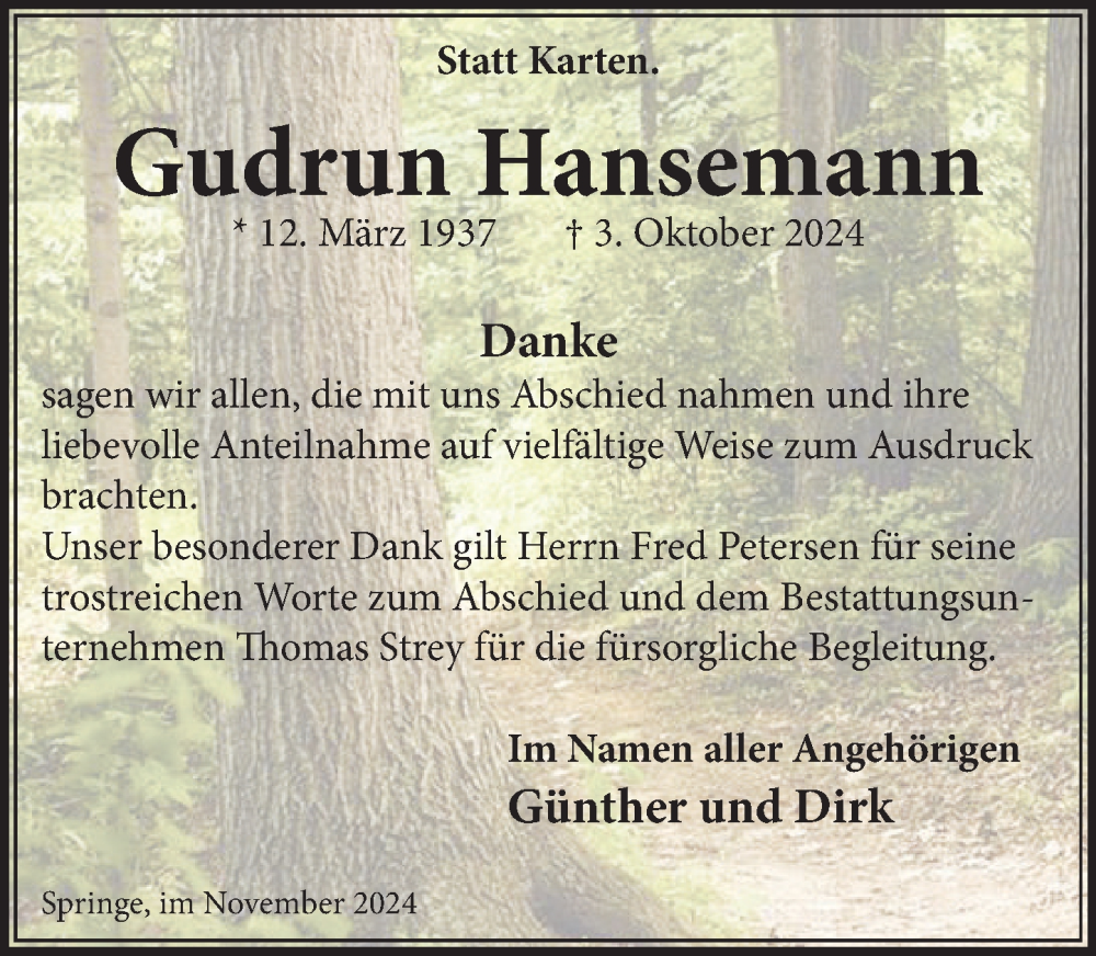  Traueranzeige für Gudrun Hansemann vom 30.11.2024 aus Neue Deister-Zeitung