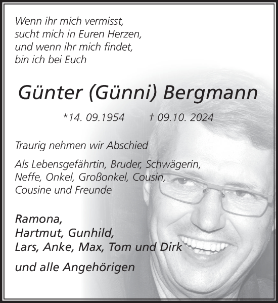 Traueranzeige von Günter Bergmann von Deister- und Weserzeitung