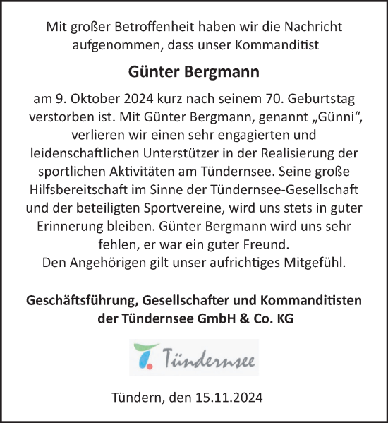 Traueranzeige von Günter Bergmann von Deister- und Weserzeitung