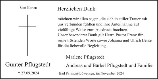 Traueranzeige von Günter Pflugstedt von Deister- und Weserzeitung