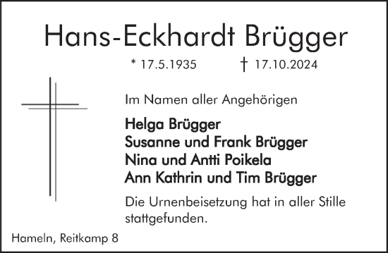 Traueranzeige von Hans-Eckhardt Brügger von Deister- und Weserzeitung