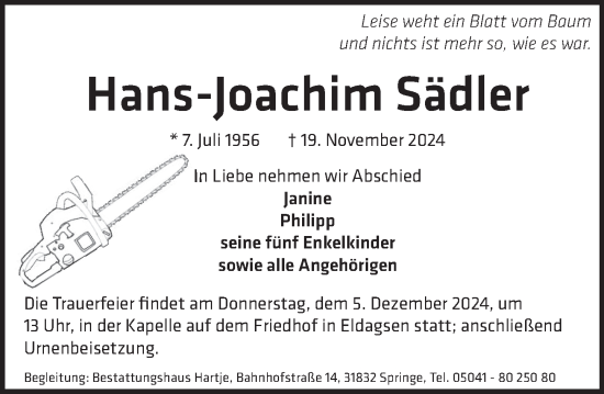 Traueranzeige von Hans-Joachim Sädler von Neue Deister-Zeitung