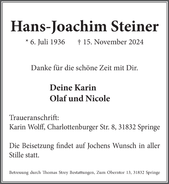 Traueranzeige von Hans-Joachim Steiner von Neue Deister-Zeitung