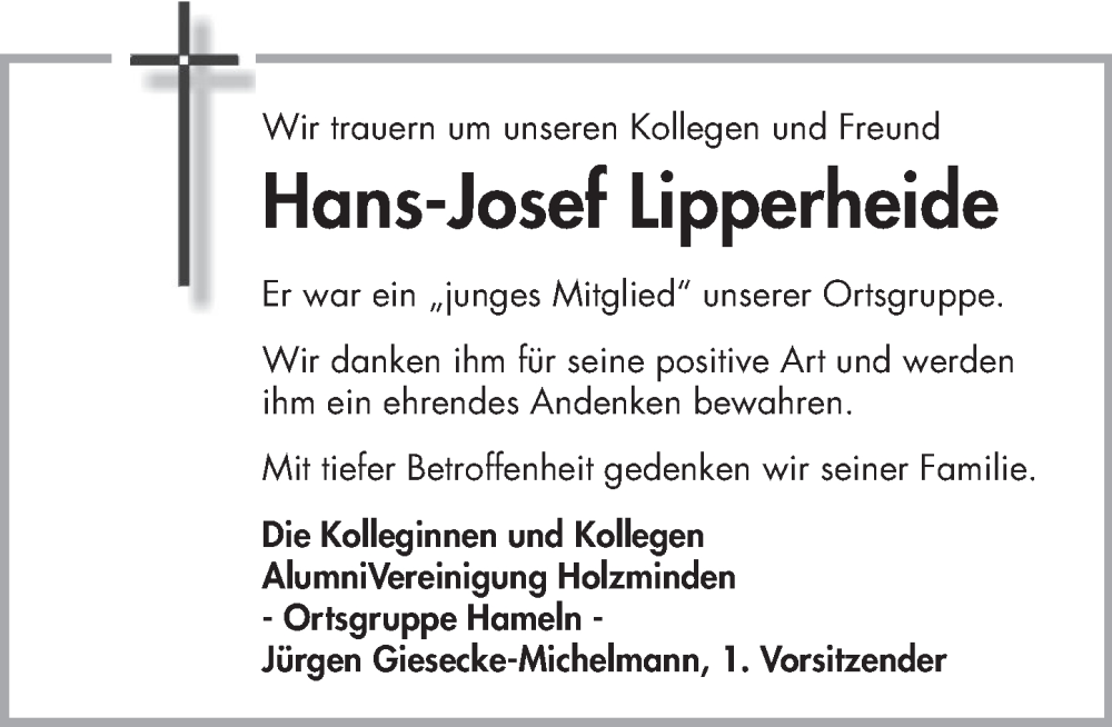  Traueranzeige für Hans-Josef Lipperheide vom 27.11.2024 aus Deister- und Weserzeitung
