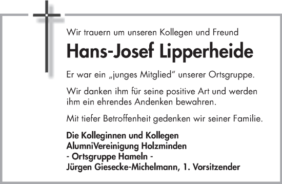 Traueranzeige von Hans-Josef Lipperheide von Deister- und Weserzeitung