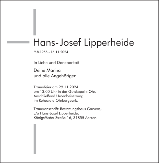 Traueranzeige von Hans-Josef Lipperheide von Deister- und Weserzeitung