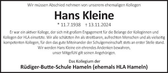 Traueranzeige von Hans Kleine von Deister- und Weserzeitung
