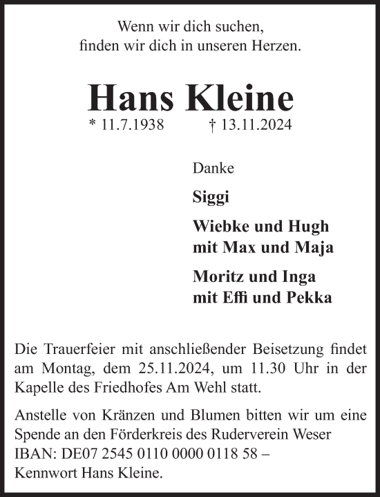 Traueranzeige von Hans Kleine von Deister- und Weserzeitung