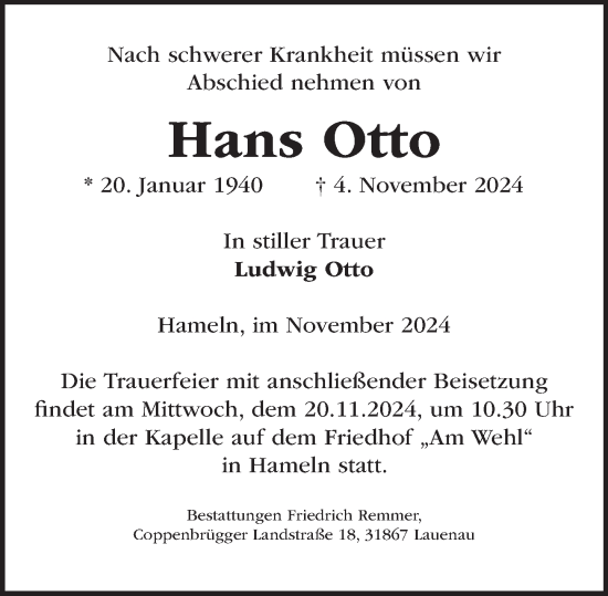 Traueranzeige von Hans Otto von Deister- und Weserzeitung