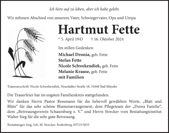 Traueranzeige von Hartmut Fette von Neue Deister-Zeitung