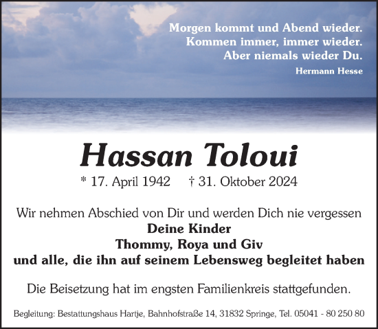 Traueranzeige von Hassan Toloui von Neue Deister-Zeitung