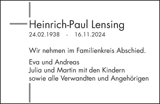 Traueranzeige von Heinrich-Paul Lensing von Deister- und Weserzeitung