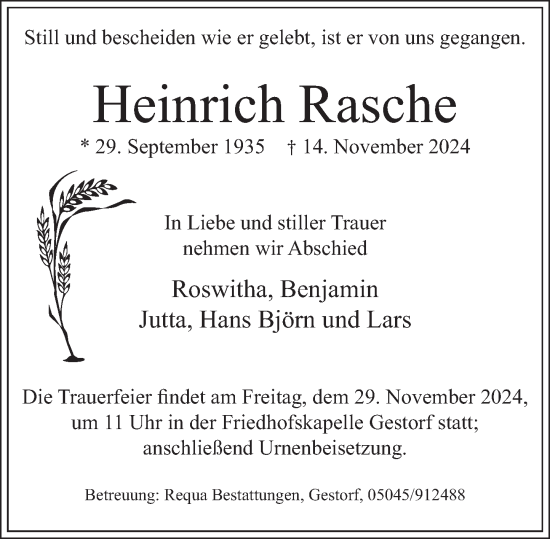 Traueranzeige von Heinrich Rasche von Neue Deister-Zeitung