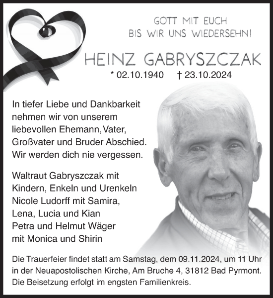 Traueranzeige von Heinz Gabryszczak von Deister- und Weserzeitung