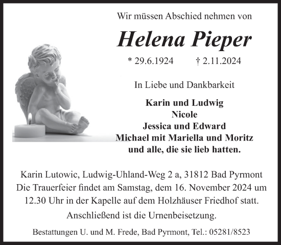 Traueranzeige von Helena Pieper von Deister- und Weserzeitung