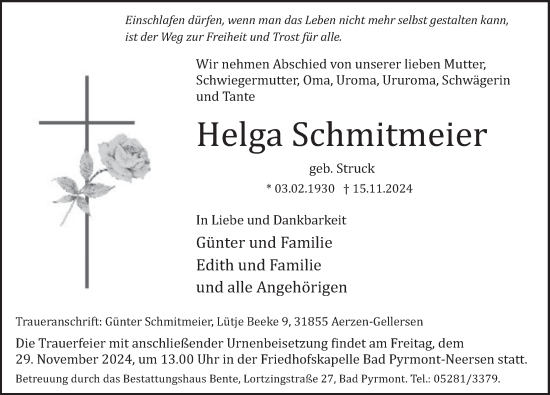 Traueranzeige von Helga Schmitmeier von Deister- und Weserzeitung