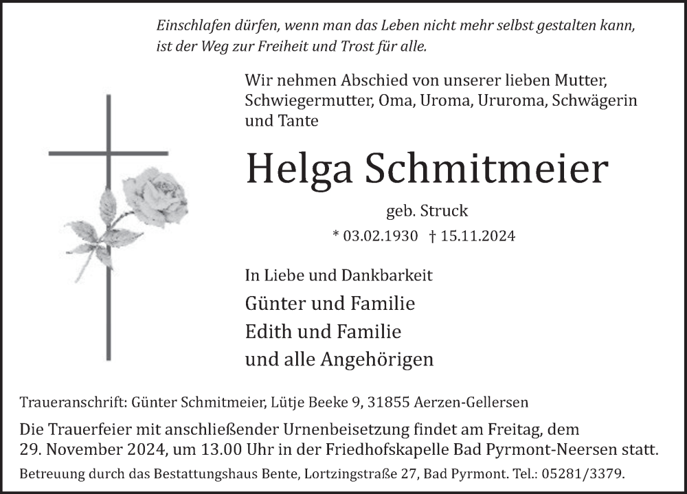  Traueranzeige für Helga Schmitmeier vom 22.11.2024 aus Deister- und Weserzeitung