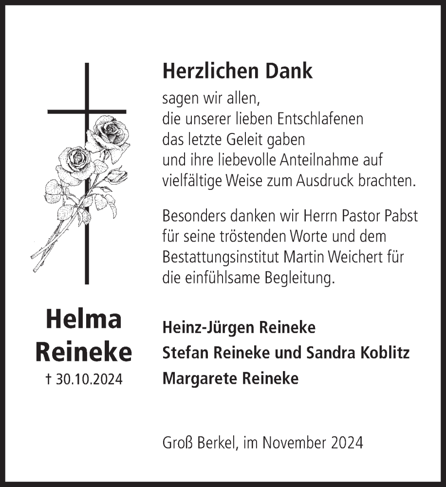  Traueranzeige für Helma Reineke vom 30.11.2024 aus Deister- und Weserzeitung