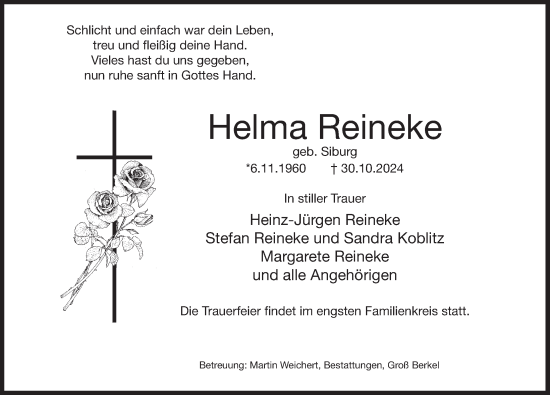 Traueranzeige von Helma Reineke von Deister- und Weserzeitung