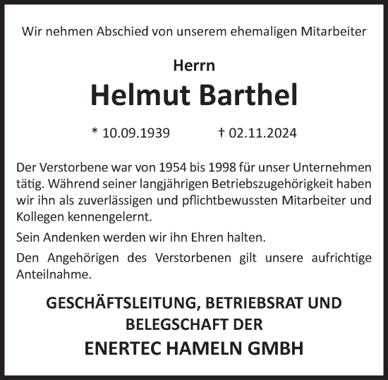 Traueranzeige von Helmut Barthel von Deister- und Weserzeitung