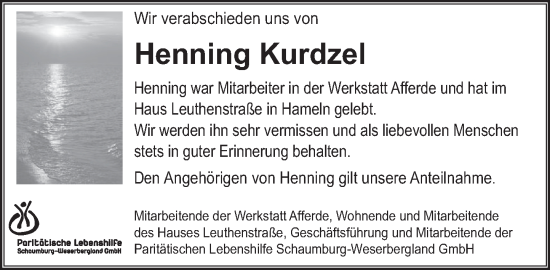 Traueranzeige von Henning Kurdzel von Deister- und Weserzeitung