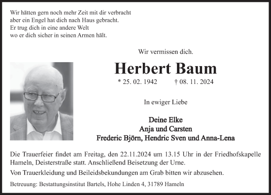 Traueranzeige von Herbert Baum von Deister- und Weserzeitung