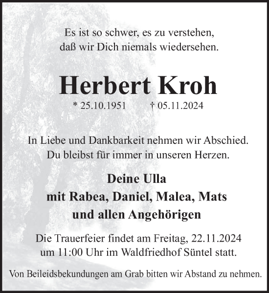 Traueranzeige von Herbert Kroh von Deister- und Weserzeitung