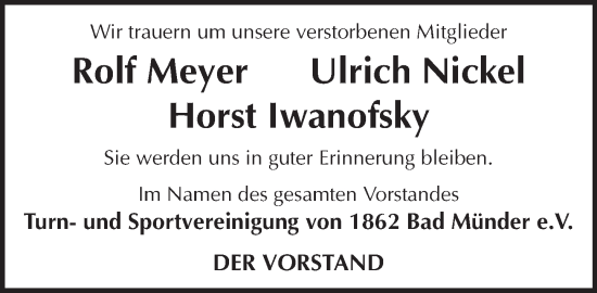 Traueranzeige von Horst Iwanofsky von Neue Deister-Zeitung